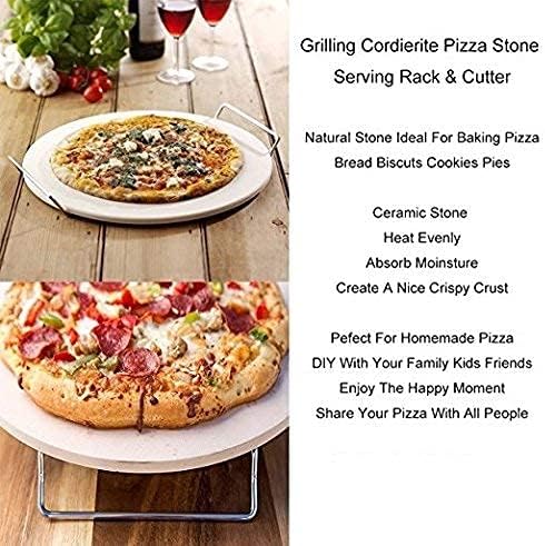 13 Inch Round Pizza Stones for Grill and Oven, Cordierite Baking Stones Set with Serving Rack & Cutter, Durable and Safe Cooking Stone Pan for Bread
