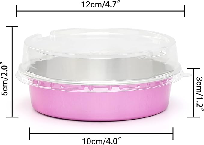 Beasea Disposable Mini Pans with Lids, 100 Pack 4” 8oz Pink Aluminum Baking Pie Foil Tins Small Round Tart Cups Containers for Individual Cupcake Muffin Cheesecake Dessert Ramekins Quiche Oven Dishes