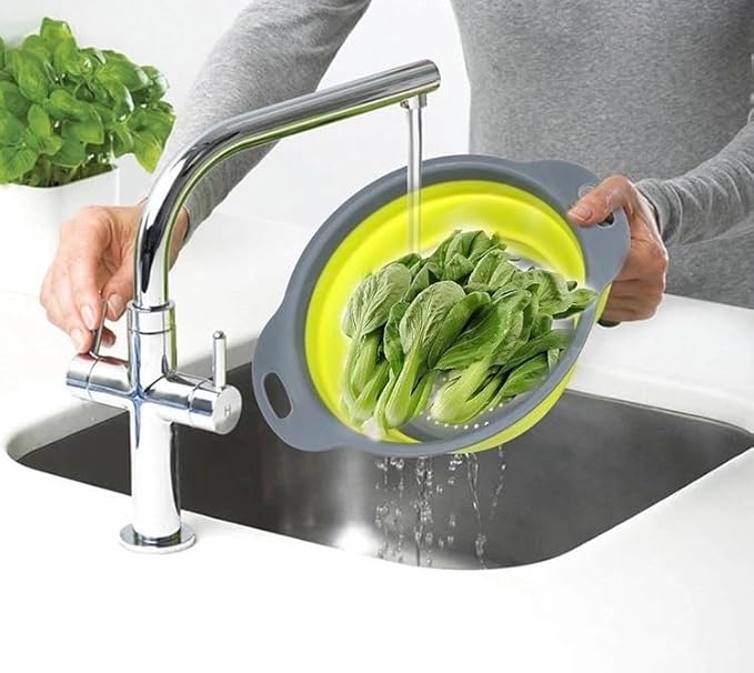 New and improved- Set of 3 Niklye Ultimate Kitchen Strainers—1×10” & 2×12” Collapsible Silicone Colanders. Now more durable and robust for everyday use with pasta, veggies, fruit & more.