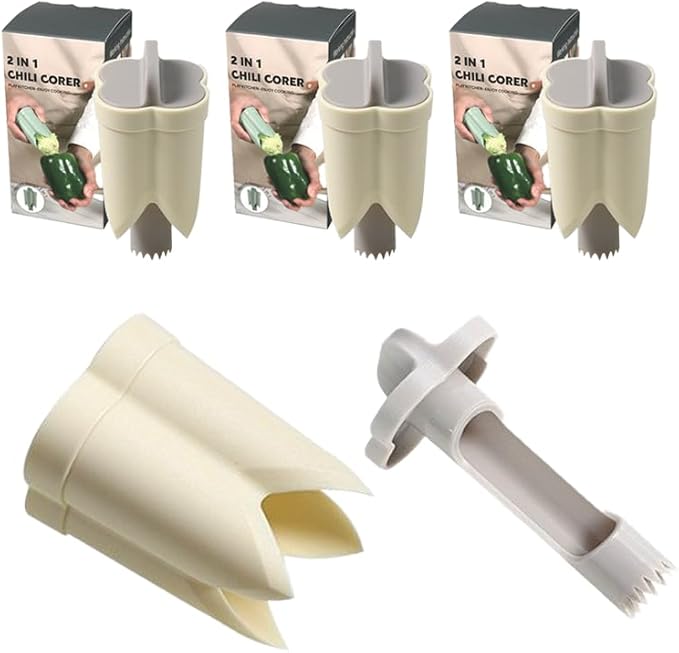 Pepper Corer, 2 in 1 Red Bell Pepper Seed Corer Remover Tool, Fruit & Vegetable Corers Quick Cave Tools for Jalapeno Cutter Deseeder, Off White, 3 P