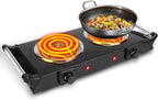 Electric Countertop Double Burner, 2000W Cooktop with Coil Hot Plate & Stay Cool Handles, 5 Level Temperature Control, Easy to Clean, Indicator Lights, Cooking Stove for Office/Home/Camping Use