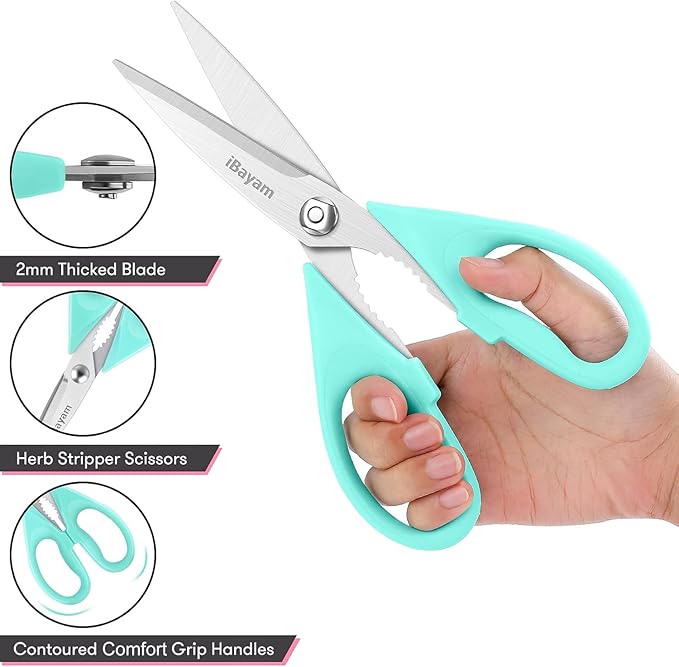 iBayam Kitchen Scissors - All Purpose Heavy Duty Meat Scissors, Poultry Shears, Dishwasher Safe, Stainless Steel, 2-Pack, Pastel Pink, Mint Blue