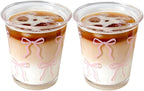 Set of 2 12 OZ French Drinking Glasses Bow Glass Coffee Cup Cute Glass Cups for Iced Coffee,Tea,Juice,Latte,Milk,Dessert,Stackable Glassware Drinkware Set (pink bow)