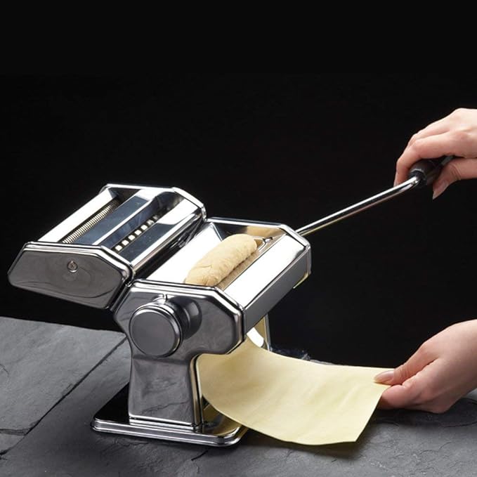 GOURMEX Pasta Maker Machine Stainless Steel Manual | With Adjustable Thickness Settings | Perfect for Homemade Spaghetti Fettuccini Noodles and Lasagna | Includes Removable Handle and Clamp (Silver)
