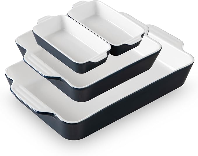 Sweejar Ceramic Bakeware Set of 4, Casserole Dishes for Oven, Rectangular Baking Dish with Handles, Lasagna Pans Deep for Cooking, Gratin, Roasting, Banquet and Daily Use (Navy)