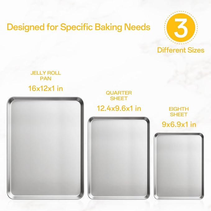 Ohtomber Stainless Steel Baking Sheet Pan Set, 3 Pack Cookie Sheets for Baking, Heavy Duty Stainless Steel Cookware Set, Oven Cookie Tray for Roasting, 9/12/16 Inch
