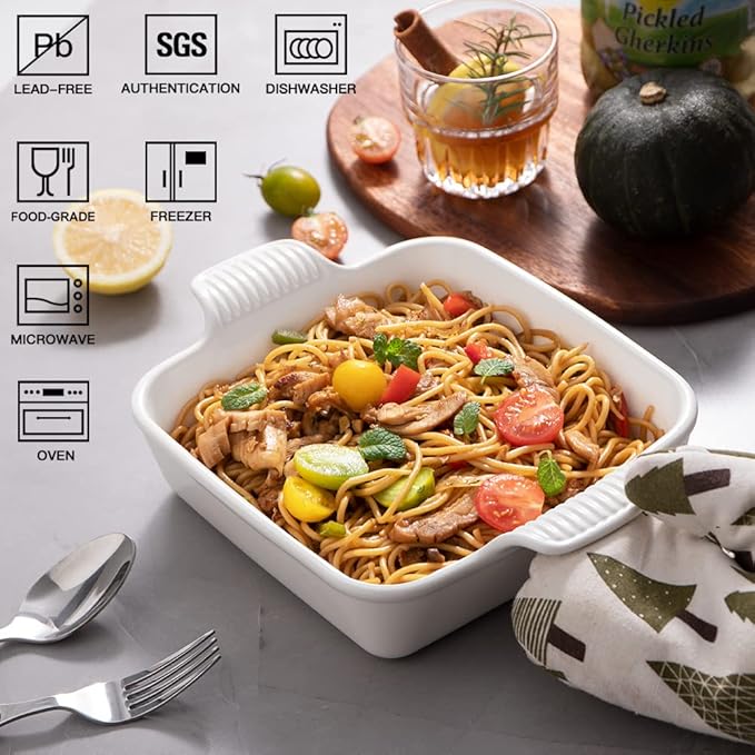 Sweejar Ceramic Baking Dish, 8 x 8 Cake Baking Pan for Brownie, Porcelain Square Bakeware with Double Handle for Casserole, Lasagna, Family Dinner (White)