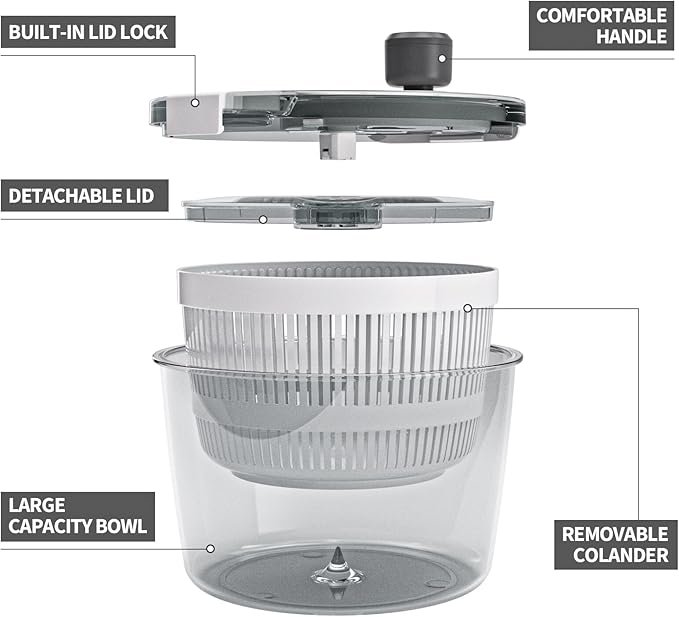 Cambom Salad Spinner Lettuce Spinner, Wash, Spin & Dry Salad Greens, Vegetable Washer Salad Dryer With Rotary Handle for Fruits & Vegetables, High Efficiency Vegetable Spinner Kitchen Gadget 3Qt White