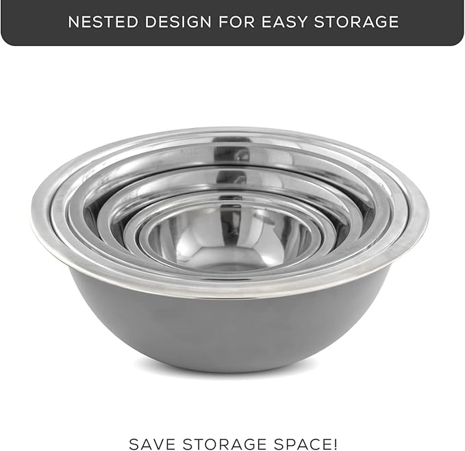 JoyJolt Stainless Steel Mixing Bowl Set of 6 Bowls (Grey). 5qt Large to 0.5qt Small Metal Bowl. Kitchen, Cooking and Storage Nesting Bowls. Dough, Batter Baking Gray