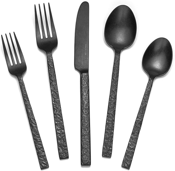 KINGSTONE 30 Pcs Black Hammered Silverware Set for 6, 18/10 Stainless Steel Heavy Duty Flatware Set, Tableware Cutlery Utensil Sets for Home Restaurant Dishwasher Safe