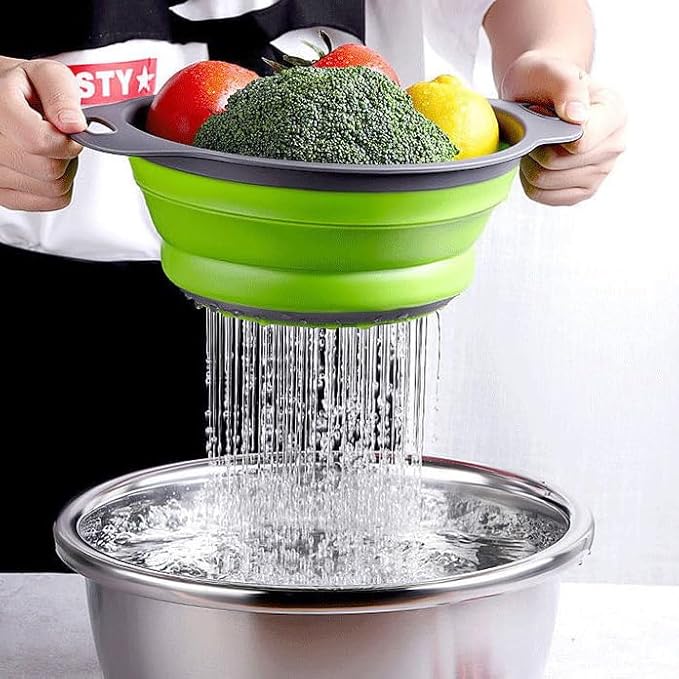 2 Pack Collapsible Colander Set, Emptycolor Foldable Collapsible Strainers for Kitchen, Small Round Colander with Base and Handles for Pasta, Fruit, Vegetables – Space-Saving Kitchen Strainer Baskets