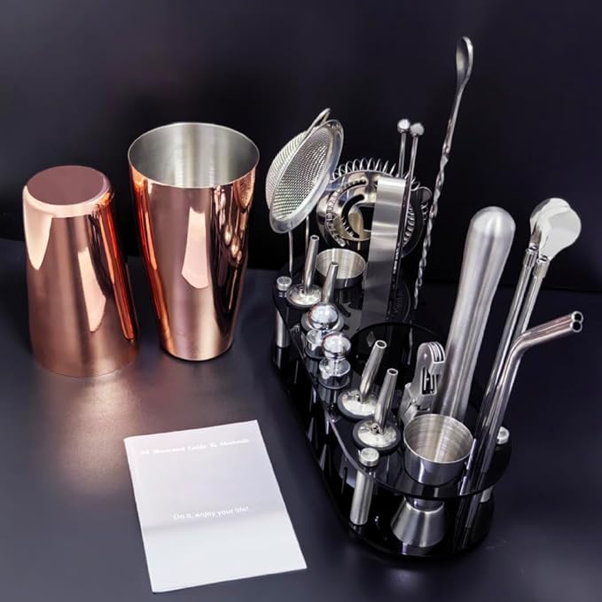 22-Piece Cocktail Shaker Set, 25/20oz Bartender Kit, Bartending Stainless Steel Bar Tools Sets for Drink Mixing, Boston Cocktail Shakers with Stand Recipes Booklet (Rose Gold-25-20oz)