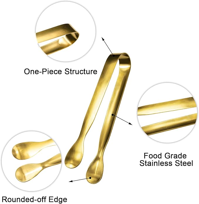 JCREN 12 Pcs Serving Tongs, Small Serving Utensils for Parties Catering Gold Tongs, Food-Grade 304 Stainless Steel Mini Appetizer Tongs for Tea Party Coffee Bar, 4 Inches - Gold
