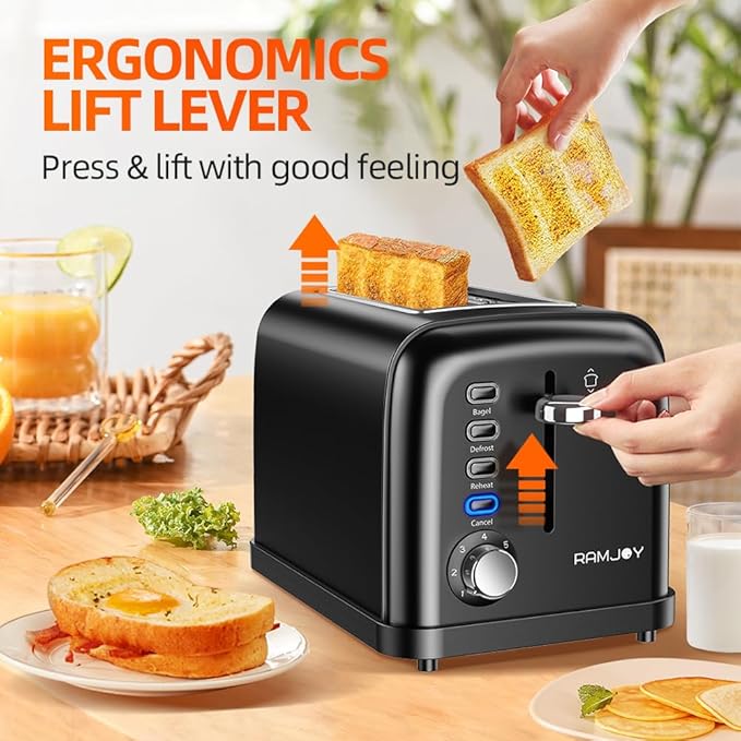 Black Toaster 2 Slice, Extra Wide Slot Toaster for Bagels, Bread, Waffles, 7 Shade Settings, 4 Main Functions, Removable Crumb Tray, 900 Watts Toasters, Black Stainless Steel