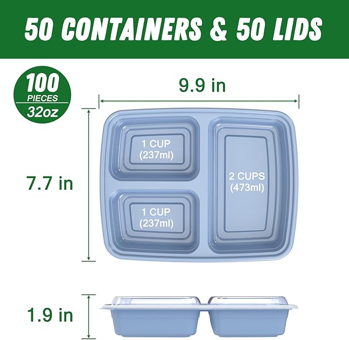 50 Pack (100-Piece) 32 oz Meal Prep Containers Reusable with Lids 3-Compartment, To Go Take Out Plastic Food Storage Containers, Sturdy Leakproof Food Safe, Microwave Freezer Dishwasher Safe, Blue