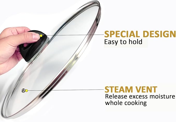 Glass Lids for Pot and Pan, 8, 9.5, 10.25, 11, 12, 12.6, 13.5, 14 Inch Tempered Replacement for Covers Kitchen Cookware, Frying Pan, Wok, Skillet (10.5 Inch)