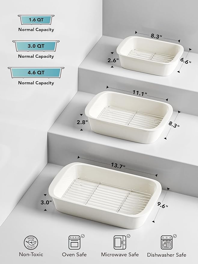 LE TAUCI Deep Casserole Dishes for Oven, 13.7”x9.6” Ceramic Baking Dish Set with Roasting Racks, Large Lasagna Pans with Handles, Rectangular Bakeware as Gift for Mom, White (4.6QT/3.0QT/1.6QT), Set of 3