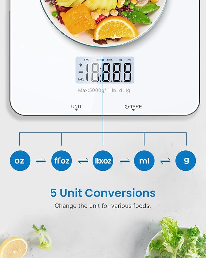 RENPHO Food Scale with Nutritional Calculator, Digital Kitchen Scale for Weight Loss, Smart Food Weight Scale with App for Macro Keto Calorie Cooking, Grams and Ounces, White, 11lb/5kg