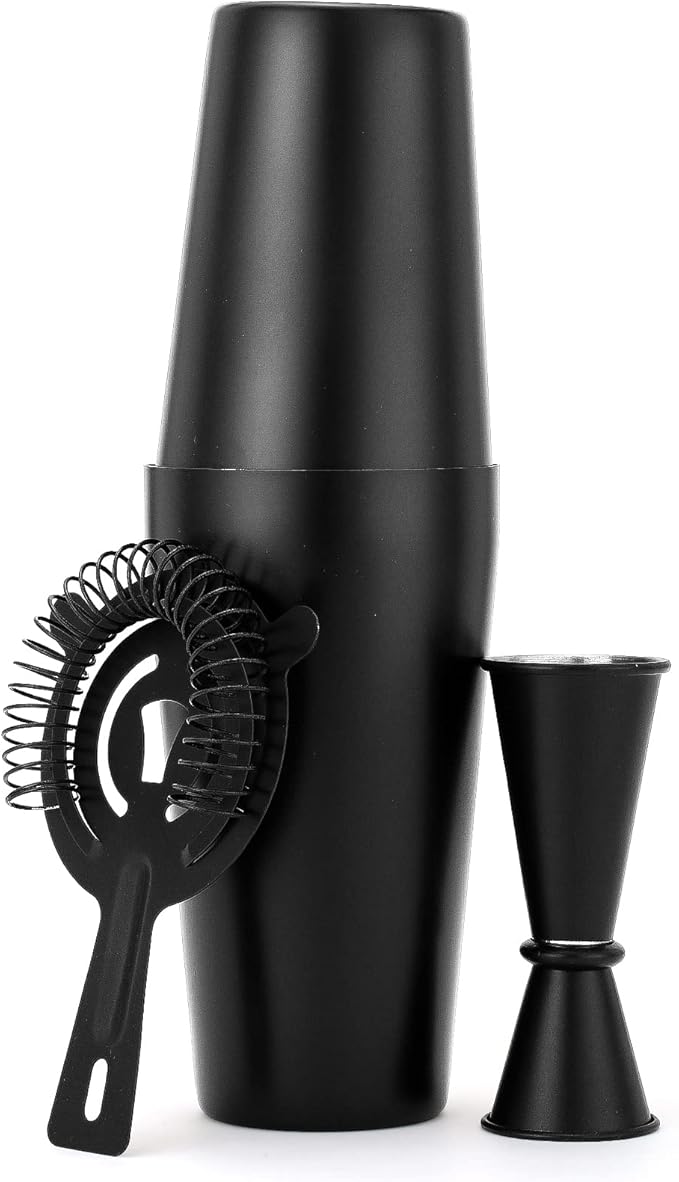 JNWINOG Cocktail Shaker Set 4-Piece Boston Shaker Kit with 20oz/25oz Shaker,Strainerand 0.5/1oz Double JiggerBar Set for Home Drink Mixer Bartendiing (Matte Black, 20oz/25oz)