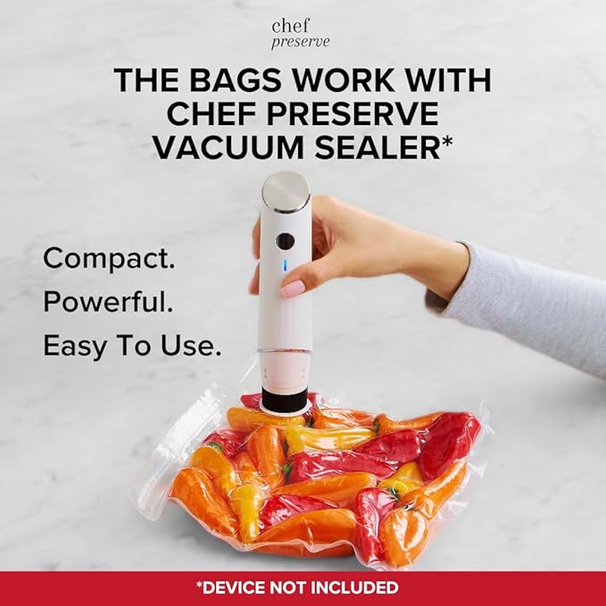 Chef Preserve Reusable Vacuum Sealer Bags for Food – 30 BPA-Free XL Large (12 x 20 in) Food Storage Bags, Freezer, Microwave – Odor-Resistant, Leak-Proof – Compatible with Chef Preserve Vacuum Sealers