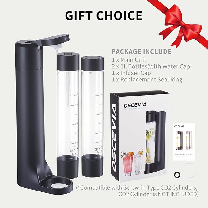 Sparkling Water Machine Soda Maker Beverage Drink Dispenser for Home, Soda Streaming Maker with 2 BPA Free Bottles(1L), Seltzer Fizzy Water Maker Compatible with Screw-in 60L CO2 (NOT Included), Black