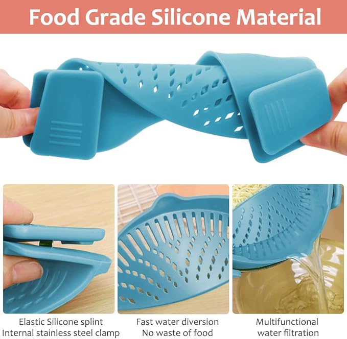 YEVIOR Clip on Strainer for Pots Pan Pasta,Silicone Food Strainer Hands-Free Pan Strainer, Clip-on Kitchen Food Strainer for Spaghetti, Pasta, Ground Beef Fits All Bowls and Pots (Teal)