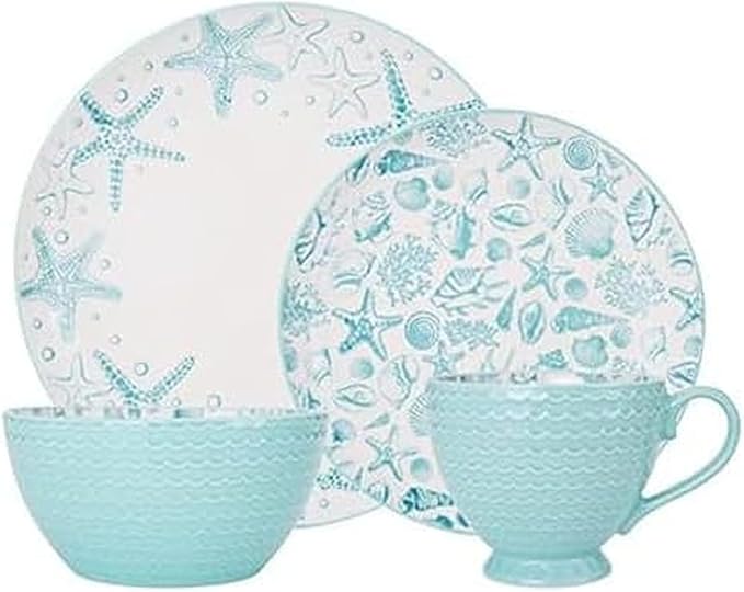Pfaltzgraff Venice 16-Piece Stoneware Dinnerware Set, Service for 4, Aqua and White Color Combination, Durable and Chip Resistant, Microwave Safe