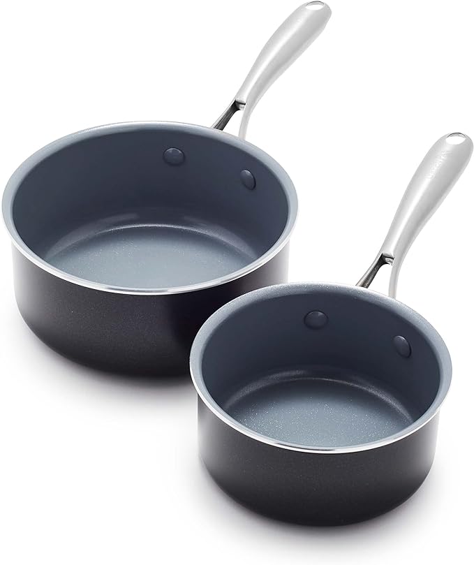 GreenPan Swift Healthy Ceramic Nonstick, 1QT and 2QT Saucepan Set, Stainless Steel Handle, PFAS-Free, Dishwasher Safe, Oven Safe, Black