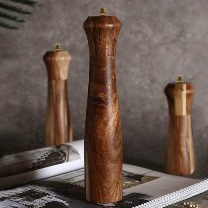 Wooden Pepper Grinder Pepper Mill with Adjustable Coarseness Pepper Grinder Refillable Salt Pepper Grinder Shaker Tableware Gifts Acacia Wood Salt Mill 10 Inch