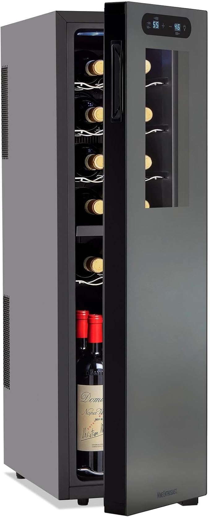 Wine Enthusiast 18-Bottle Slimline Dual Zone Wine Cooler - Energy Efficient Freestanding Wine Refrigerator - Upright Bottle Storage, Adjustable Thermostat, Digital Touchscreen (20.5” x 10.7" x 36.8”)