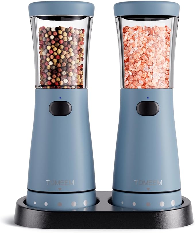 Electric Salt and Pepper Grinder Set with Storage Base, Stainless Steel Rechargeable Salt and Pepper Grinder Set with 4.5 oz Large Capacity, 1.8" Wide Mouth, Adjustable Coarseness, Ideal for Kitchen
