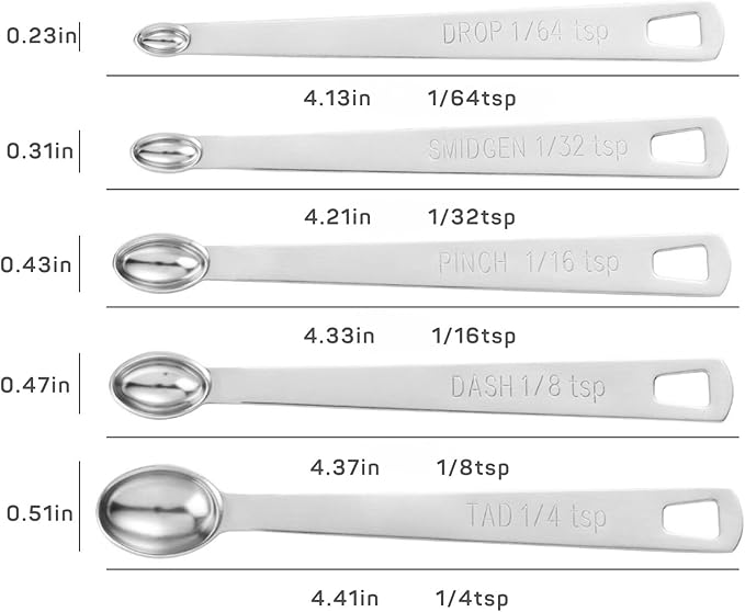 5Pcs Teaspoon Measuring Spoons, 1/4 tsp, 1/8 tsp, 1/16 tsp, 1/32 tsp, 1/64 tsp Metal Measuring Spoons Set, Stainless Steel Cooking Baking Tiny Measuring Spoon for Powders, Spices, Salt