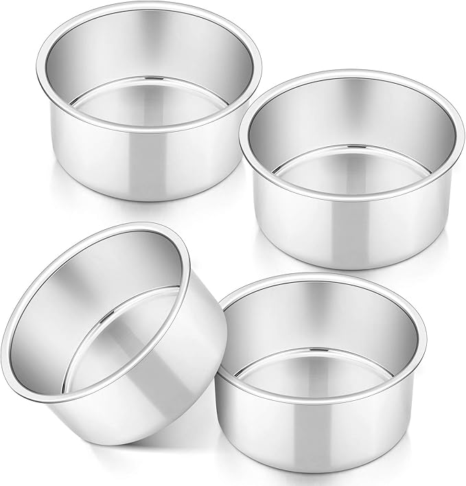 P&P CHEF Cake Pan Set of 4, Stainless Steel Baking Round Cake Pans Tins Bakeware for Birthday Wedding, Leak-proof & Easy Clean, Mirror Finish & Easy Releasing, 4 Inch