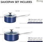 MICHELANGELO Saucepan Set, 1Qt & 2Qt Ceramic Sauce Pan with Lid, Nonstick Saucepans with Lids, Small Pot with Stainless Steel Handle, Oven Safe, Blue
