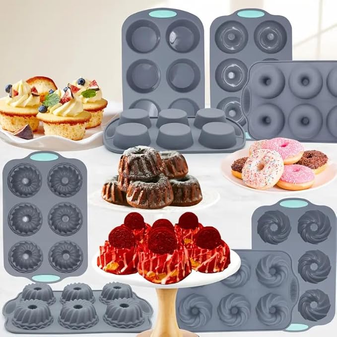 Tongjude 8 Pieces Silicone Donut Pans, Nonstick Silicone Muffin Pans, Heat Resistant Kitchen Oven Baking Cups, Dishwasher Safe and Microwave Safe, Grey