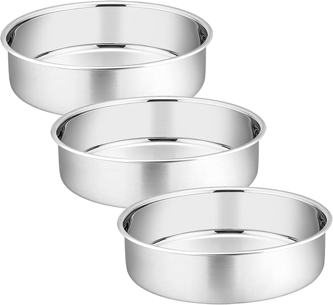 P&P CHEF 6 Inch Round Cake Pan Set of 3, Stainless Steel Round Baking Layer Pans Bakeware for Layer Birthday Cake, Fit Oven/Pots/Pressure Cooker, Leakproof & Dishwasher Safe, Silver