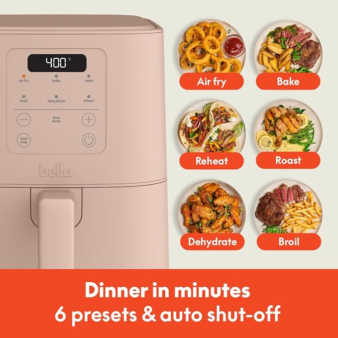 bella 4Qt Slim Air Fryer, Fits-anywhere™ Kitchenware, EverGood™ Ceramic Nonstick Coating, Adjustable Temperature, 6 Preset Cooking Options, 60 Min Auto Shutoff w Audible Tone, 3.3lb Capacity, Blossom