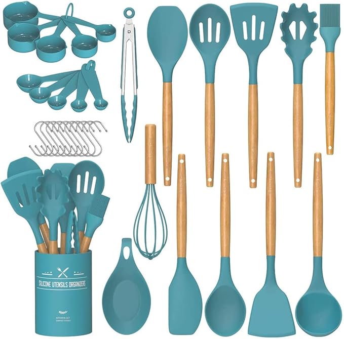 Umite Chef Kitchen Cooking Utensils Set, 33 pcs Non-stick Silicone Utensils Spatula Set with Holder, Silicone Kitchen Gadgets Utensil Set(Dark Blue)