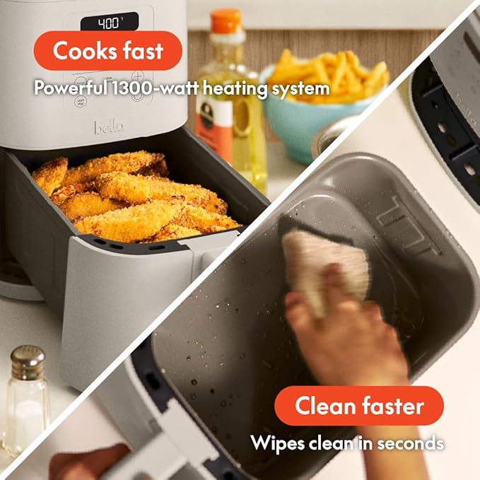bella 4Qt Slim Air Fryer, Fits-anywhere™ Kitchenware, EverGood™ Ceramic Nonstick Coating, Adjustable Temperature, 6 Preset Cooking Options, 60 Min Auto Shutoff w Audible Tone, 3.3lb Capacity, Oatmilk