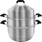 MANO Steamer Pot for Cooking 14.2 inch Steam Pots with Lid 2-tier Stainless Steel Steaming Pot Multipurpose Cookware with Handle for Vegetable, Dumpling, Stock, Sauce, Food…