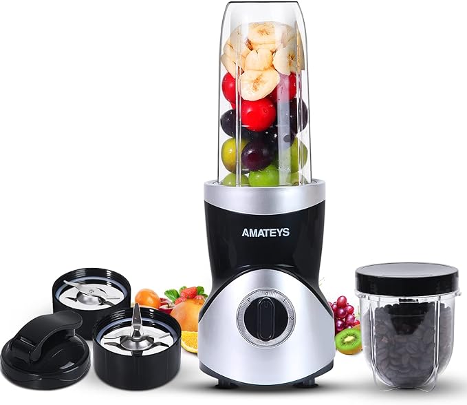 Amateys Personal Blender for Shakes and Smoothies,Professional Kitchenblender with Blending & Grinding Blades, Portable Coffee Grinder with 24/10 OZ Travel Bottles, Adjustable Speeds Juice Blender