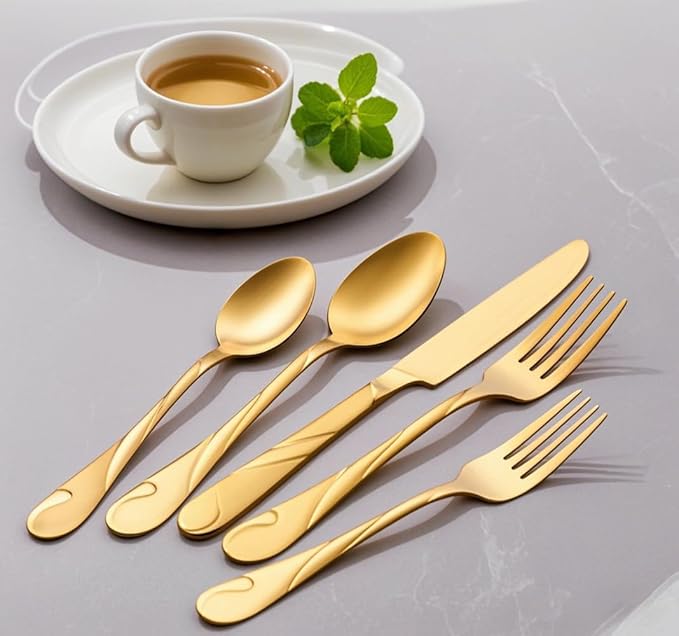 Gold Silverware Set for 12, 60-Piece Stainless Steel Flatware Set, Shiny Gold Metal Cutlery Set, Include Spoon, Fork and Knife Set, Dishwasher Safe