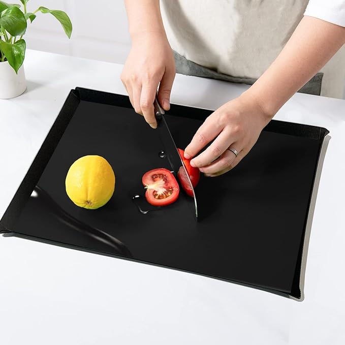 WK Flexible Plastic Cutting Boards Mats with Lip, Foldable Cutting Board for Kitchen Set of 3, Black Cutting Boards for Meat, Nonslip Cutting Mats Sheets, BPA Free, Dishwasher Safe