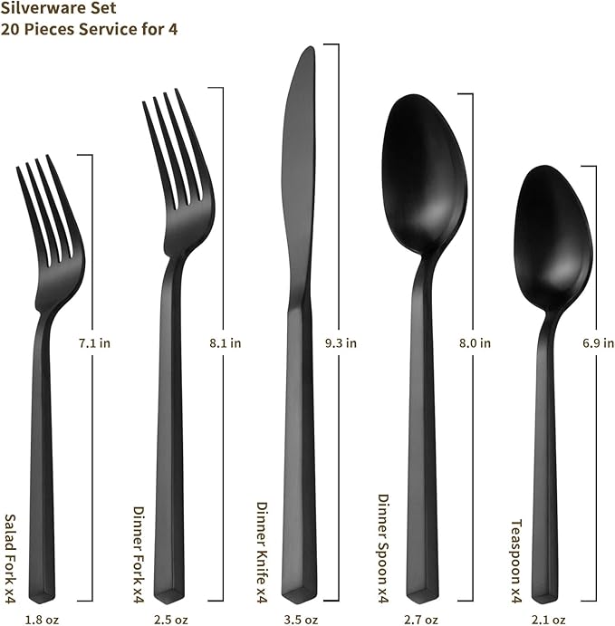 Alata Cube Black 20-Piece Forged Silverware Set Stainless Steel Flatware Set,Service for 4,Matte Satin Polished Cutlery Set,Dishwasher Safe