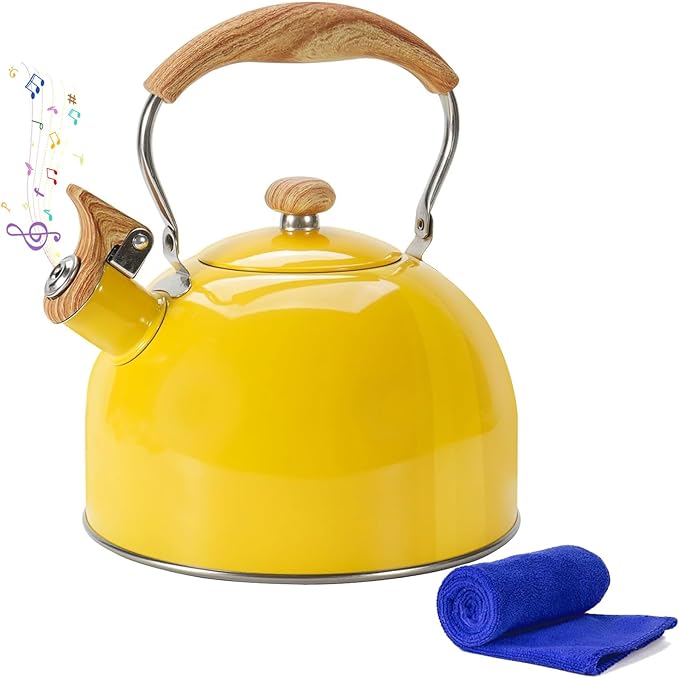 Tea Kettle,Whistling Tea Kettle Stovetop 2.6 Quart, Tea Pots for Stove Top Food Grade Stainless Steel,Wood Pattern Handle(Yellow),With Anti Scald Towel