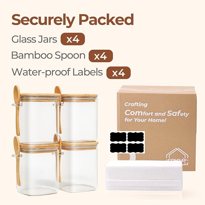 ComSaf 0.8 Qt Glass Jars with Bamboo Lids & Spoons Set of 4, Square Glass Containers with Lids, Sugar Coffee Containers Salt Spice Jars, Pantry Storage Container for Loose Tea, Candy, Brown Sugar, Nut