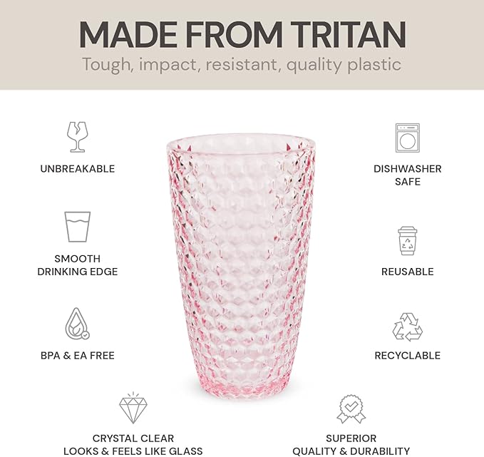 BELLAFORTE Shatterproof Tritan Plastic Tall Tumbler, Set of 4, 19oz - Laguna Beach Drinking Glasses - Unbreakable Tritan Drinking Glasses for Parties - BPA Free - Pink