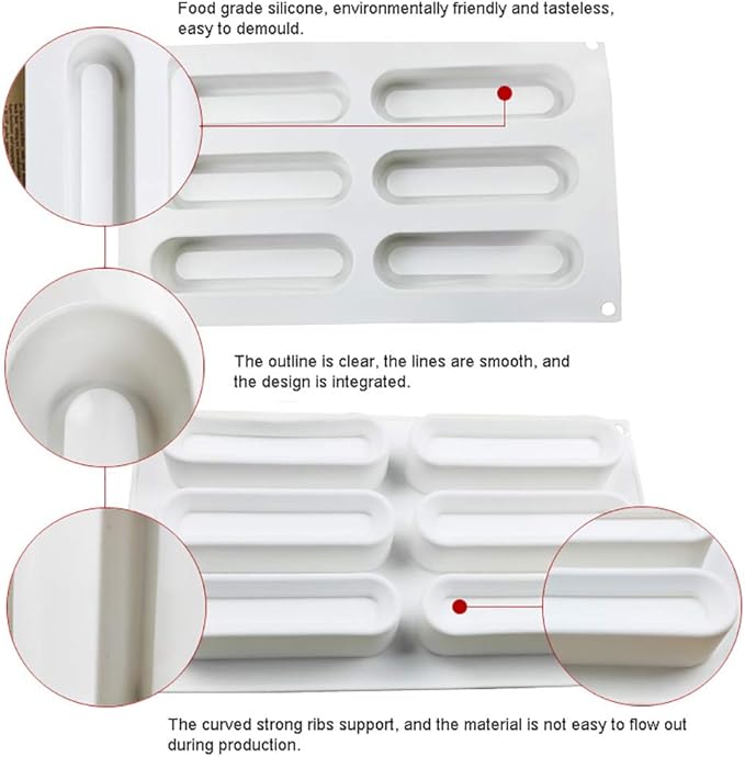 OCPO KITCHEN Eclair Silicone Mold for Baking Mousse Cake, French Dessert, Pastry, Chocolate, Ice Cream, Cake Decoration Mold, 3D Concave Eclair Shape (6-Cavity)