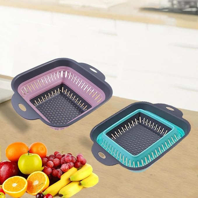Collapsible Colander Set, Square Round Triangles Silicone Kitchen Strainer Perfect for Draining Pasta Vegetable fruit 2 PCS (10.8"L x 8.6"W x 2"H, Red & Green)