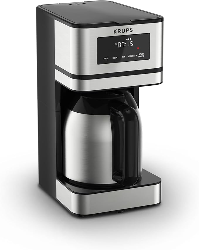 Krups Simply Brew Stainless Steel and Thermal Carafe Drip Coffee Maker 12 Cup Programmable, Customizable, Digital Display, Insulated Coffee Filter, Dishwasher Safe, Drip Free Silver and Black